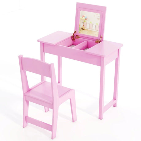 2-in-1 Kids Vanity Makeup Table and Chair Set with Flip Top Mirror-Pink