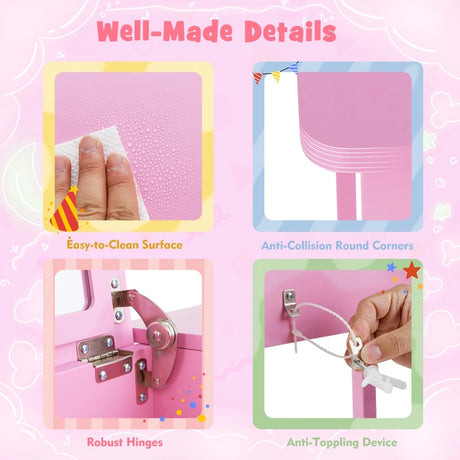 2-in-1 Kids Vanity Makeup Table and Chair Set with Flip Top Mirror-Pink