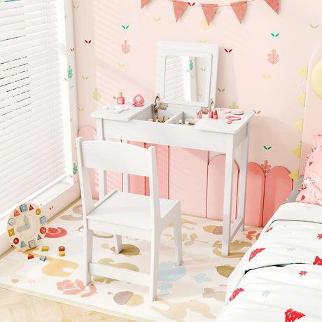 2-in-1 Kids Vanity Makeup Table and Chair Set with Flip Top Mirror-White