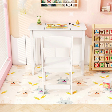 2-in-1 Kids Vanity Makeup Table and Chair Set with Flip Top Mirror-White