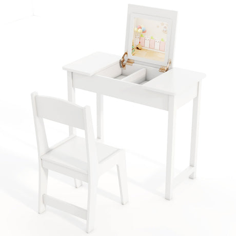 2-in-1 Kids Vanity Makeup Table and Chair Set with Flip Top Mirror-White