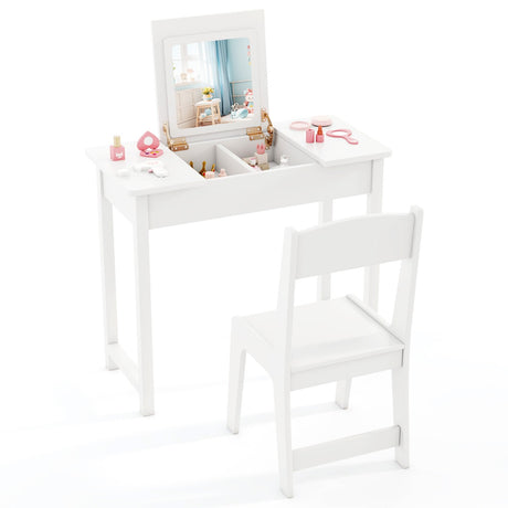 2-in-1 Kids Vanity Makeup Table and Chair Set with Flip Top Mirror-White