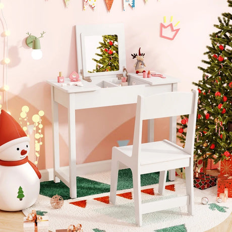 2-in-1 Kids Vanity Makeup Table and Chair Set with Flip Top Mirror-White