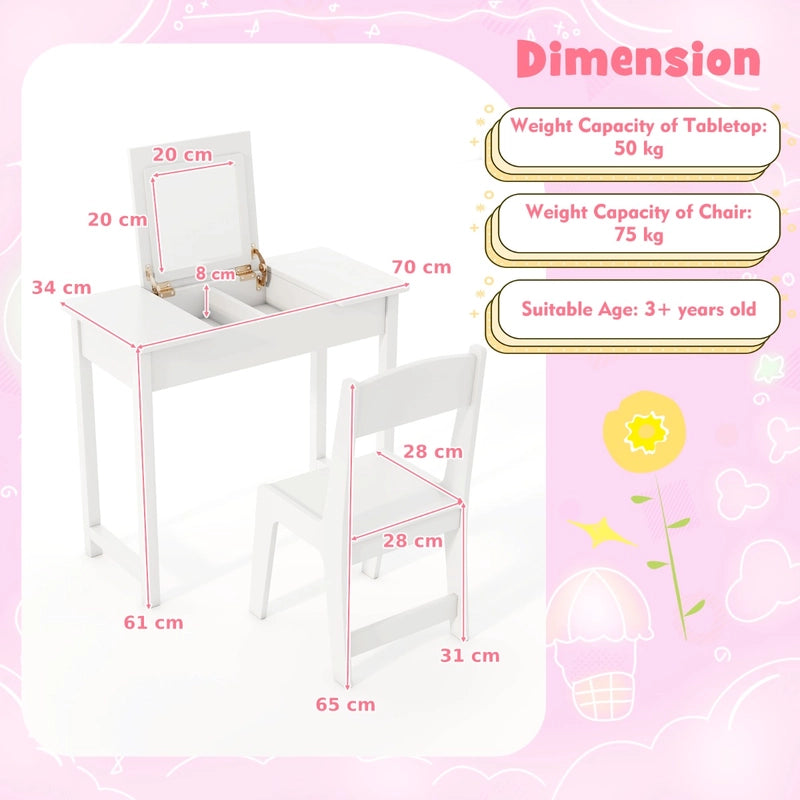 2-in-1 Kids Vanity Makeup Table and Chair Set with Flip Top Mirror-White