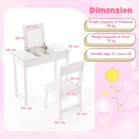 2-in-1 Kids Vanity Makeup Table and Chair Set with Flip Top Mirror-White
