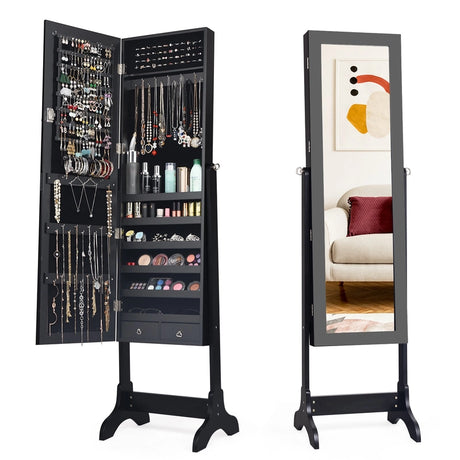 Lockable Mirrored Jewelry Cabinet Armoire Storage Organizer Box-Black
