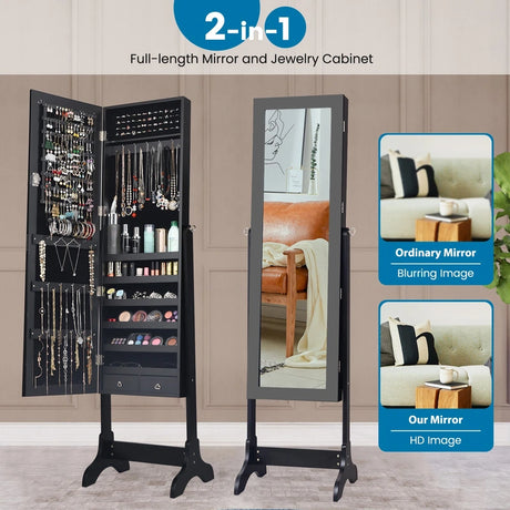 Lockable Mirrored Jewelry Cabinet Armoire Storage Organizer Box-Black