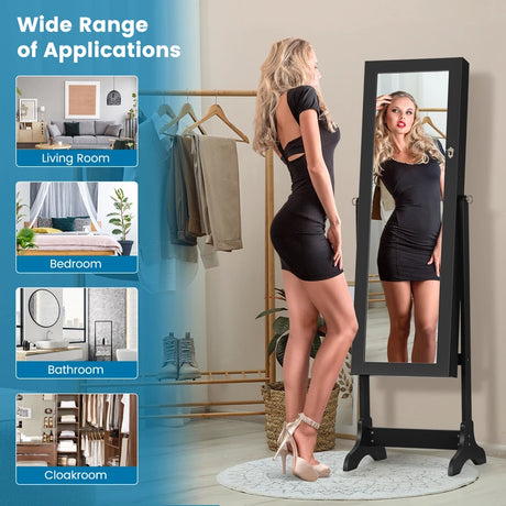 Lockable Mirrored Jewelry Cabinet Armoire Storage Organizer Box-Black