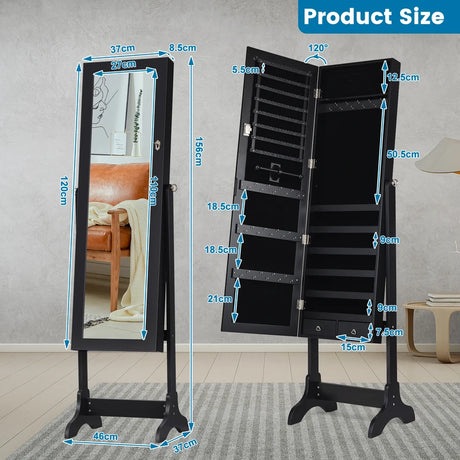Lockable Mirrored Jewelry Cabinet Armoire Storage Organizer Box-Black