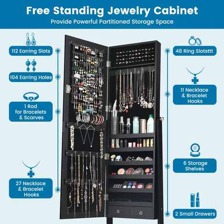 Lockable Mirrored Jewelry Cabinet Armoire Storage Organizer Box-Black