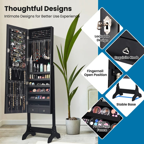 Lockable Mirrored Jewelry Cabinet Armoire Storage Organizer Box-Black