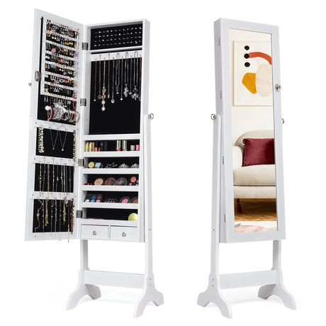 Lockable Mirrored Jewelry Cabinet Armoire Storage Organizer Box-White