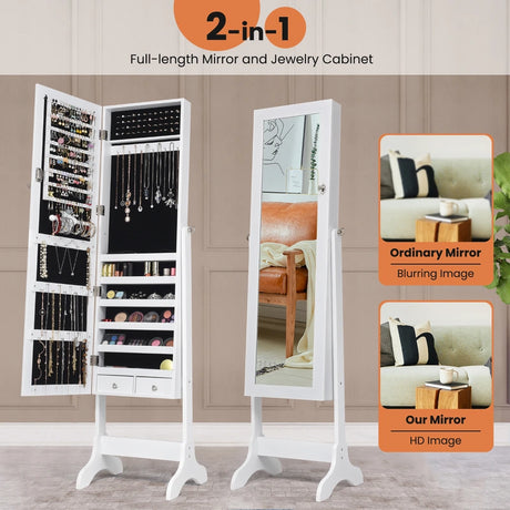 Lockable Mirrored Jewelry Cabinet Armoire Storage Organizer Box-White