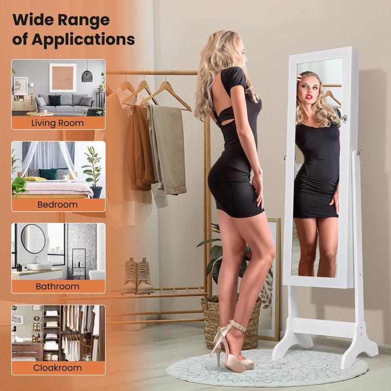 Lockable Mirrored Jewelry Cabinet Armoire Storage Organizer Box-White