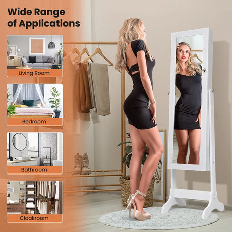 Lockable Mirrored Jewelry Cabinet Armoire Storage Organizer Box-White