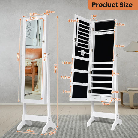 Lockable Mirrored Jewelry Cabinet Armoire Storage Organizer Box-White