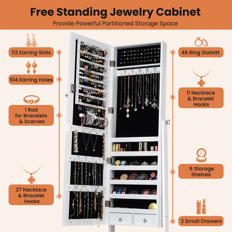 Lockable Mirrored Jewelry Cabinet Armoire Storage Organizer Box-White