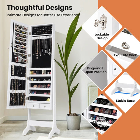 Lockable Mirrored Jewelry Cabinet Armoire Storage Organizer Box-White