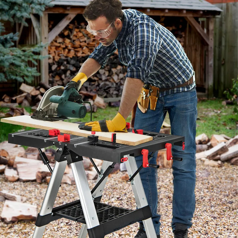 Portable Folding Workbench with Adjustable Height for Garage Home-Black & Red