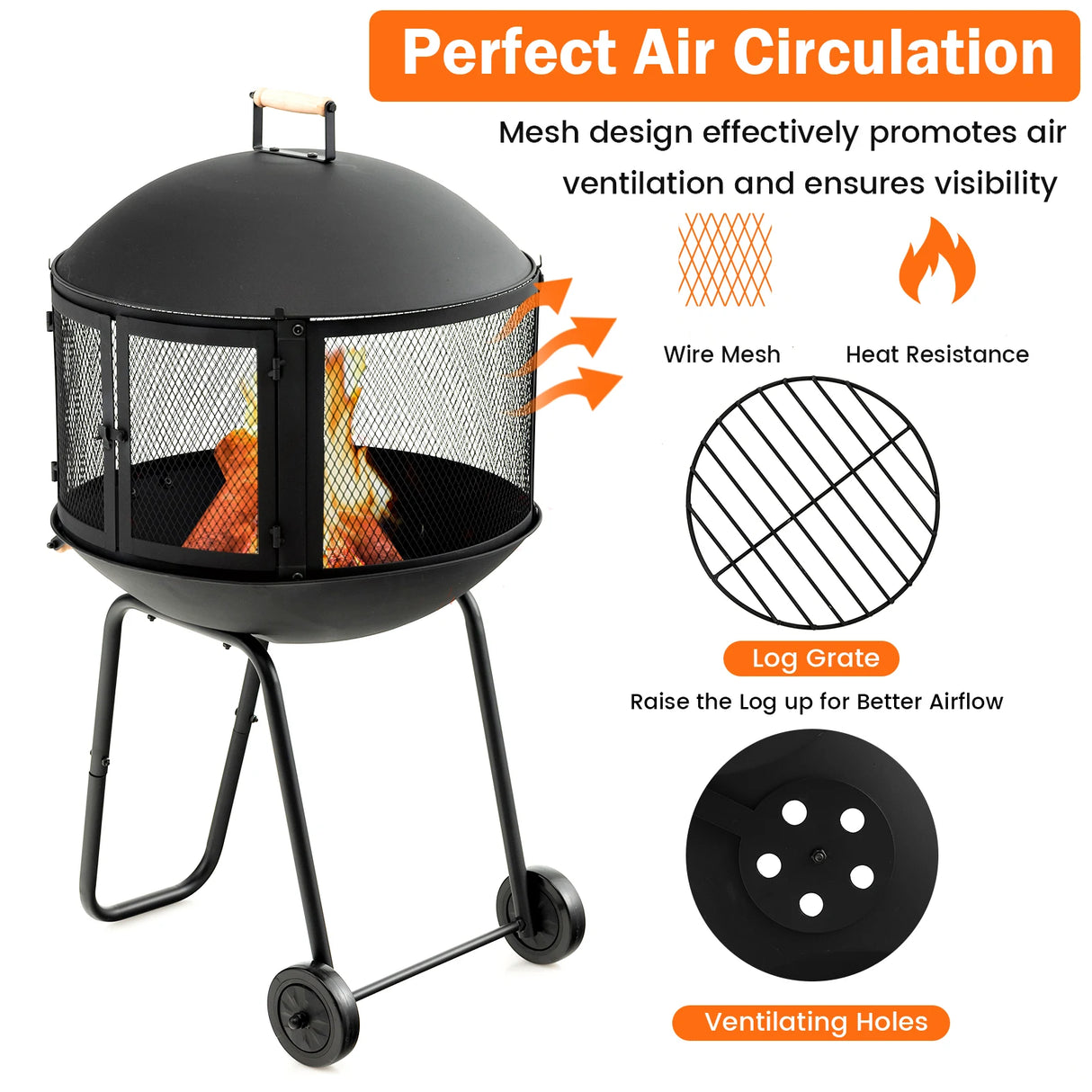 Rolling Wood Burning Firepit with Wheels & Handle for Camping