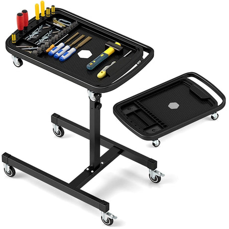 2 in 1 Rolling Tool Tray Height Adjustable Work Table Removable Tray Rolling Tool Cart Capacity 60 kg Black
