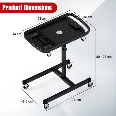 2 in 1 Rolling Tool Tray Height Adjustable Work Table Removable Tray Rolling Tool Cart Capacity 60 kg Black