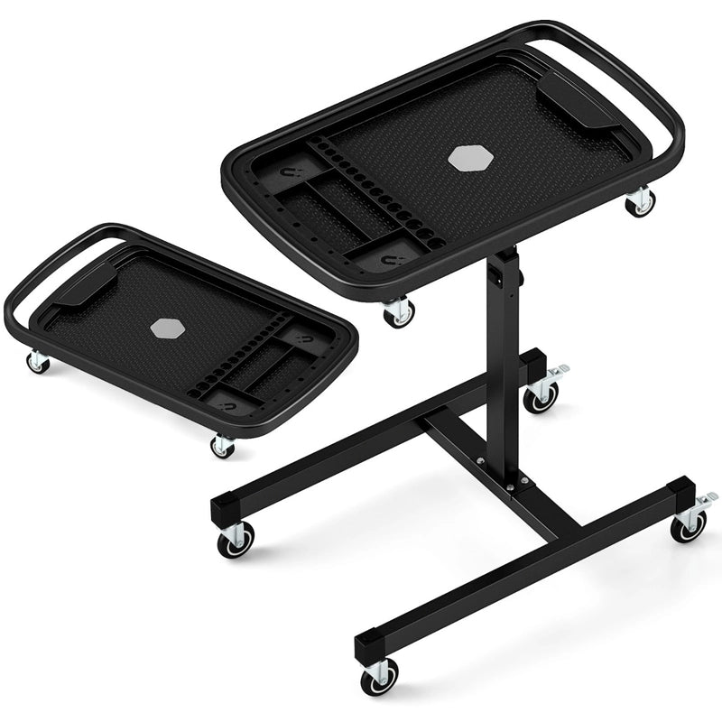 2 in 1 Rolling Tool Tray Height Adjustable Work Table Removable Tray Rolling Tool Cart Capacity 60 kg Black