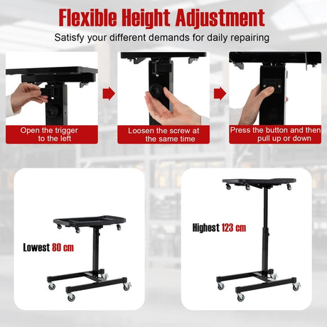 2 in 1 Rolling Tool Tray Height Adjustable Work Table Removable Tray Rolling Tool Cart Capacity 60 kg Black
