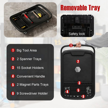 2 in 1 Rolling Tool Tray Height Adjustable Work Table Removable Tray Rolling Tool Cart Capacity 60 kg Black