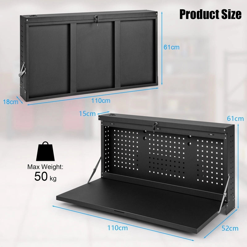 Wall-mounted Folding Workbench with Pegboard-Black