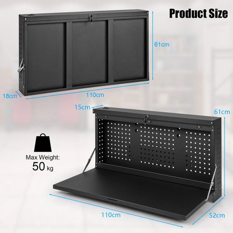 Wall-mounted Folding Workbench with Pegboard-Black