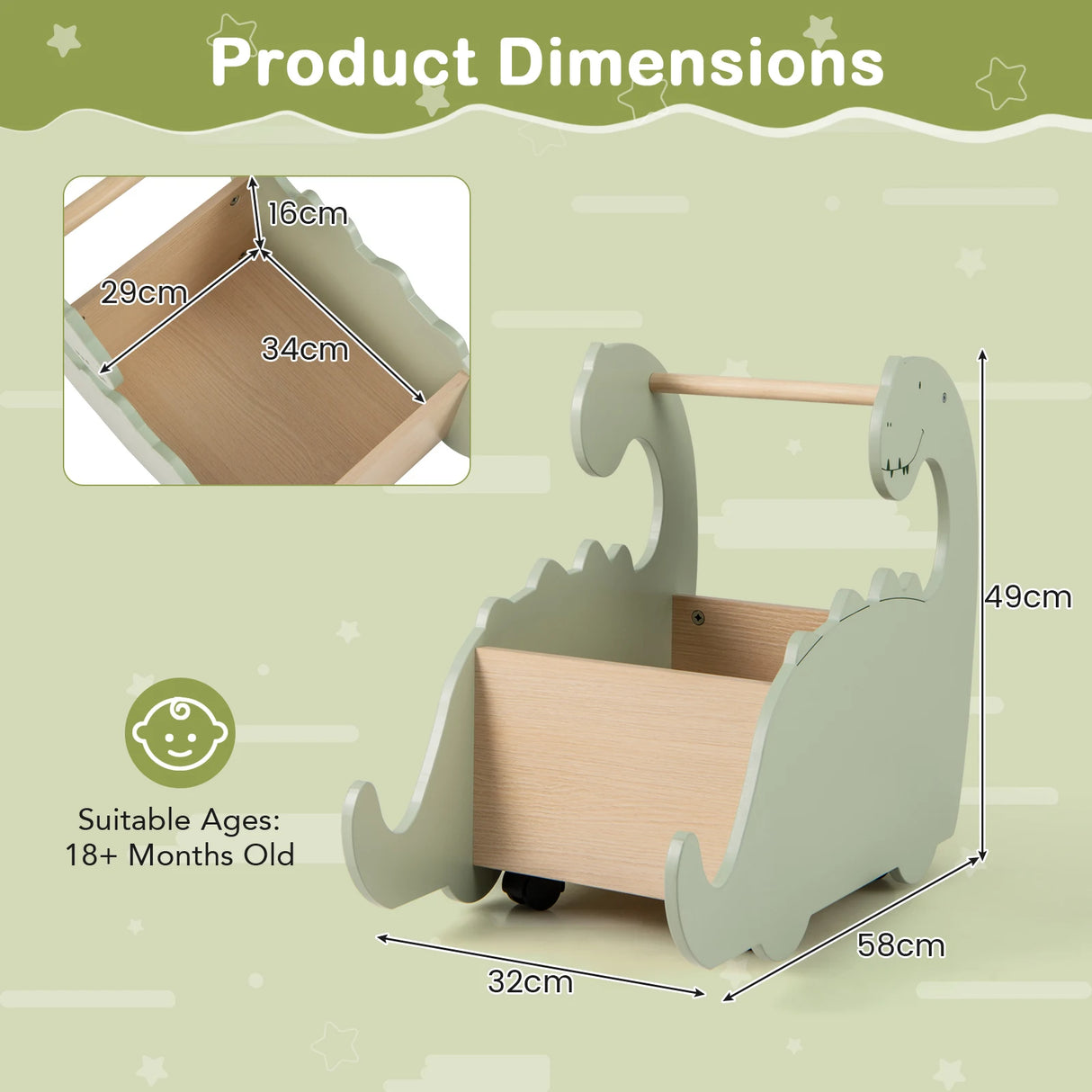 2 in 1 Wooden Baby Push Walker with Pine Wood Handle-Green