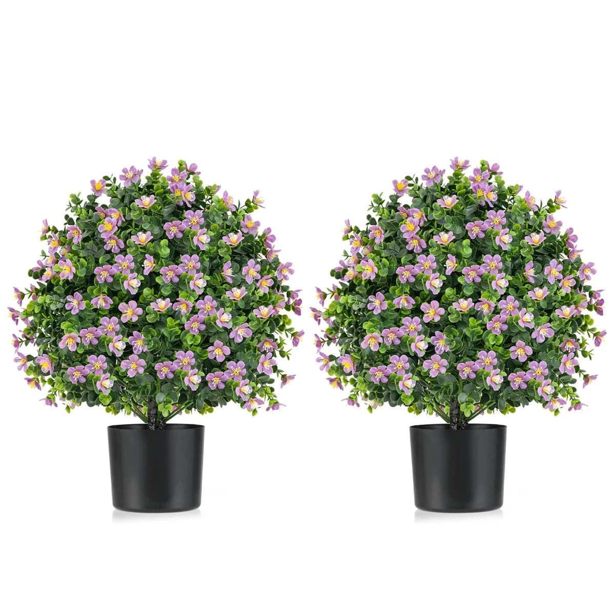 2 Pack Artificial Boxwood Topiary Ball Tree with Flowers and Plastic Nursery Pot-Purple