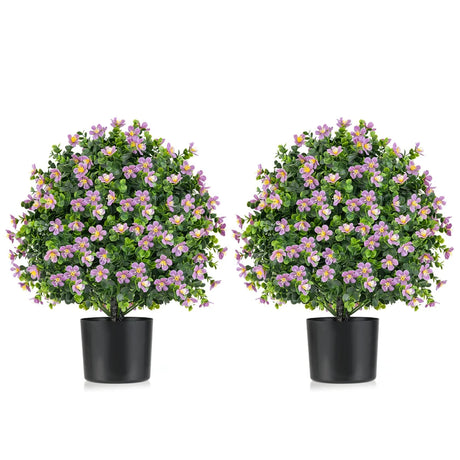 2 Pack Artificial Boxwood Topiary Ball Tree with Flowers and Plastic Nursery Pot-Purple