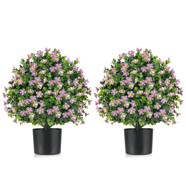 2 Pack Artificial Boxwood Topiary Ball Tree with Flowers and Plastic Nursery Pot-Purple