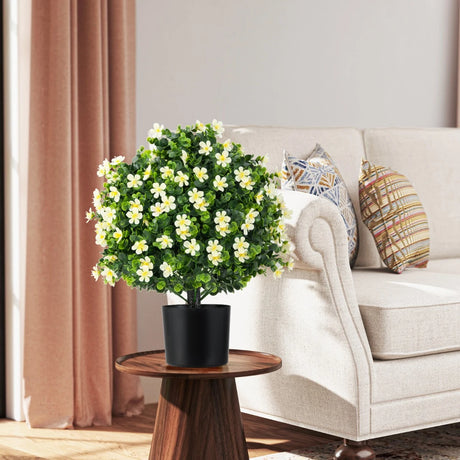 2 Pack Artificial Boxwood Topiary Ball Tree with Flowers and Plastic Nursery Pot-White