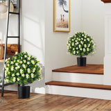 2 Pack Artificial Boxwood Topiary Ball Tree with Flowers and Plastic Nursery Pot-White