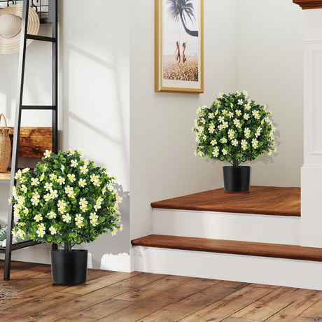 2 Pack Artificial Boxwood Topiary Ball Tree with Flowers and Plastic Nursery Pot-White