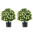 2 Pack Artificial Boxwood Topiary Ball Tree with Flowers and Plastic Nursery Pot-White