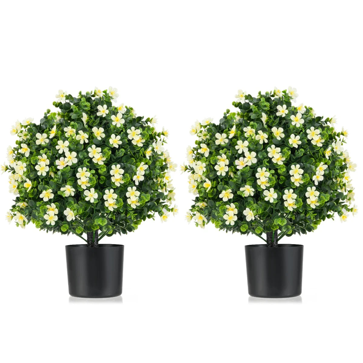 2 Pack Artificial Boxwood Topiary Ball Tree with Flowers and Plastic Nursery Pot-White