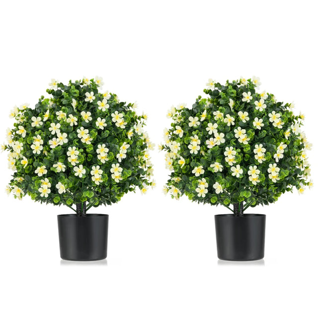 2 Pack Artificial Boxwood Topiary Ball Tree with Flowers and Plastic Nursery Pot-White