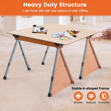 Set of 2 sawhorses, foldable, portable workhorses, load capacity up to 500 kg