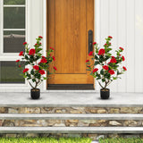 38 Inch Artificial Camellia Tree Faux Flower Plant in Cement Pot 2 Pack-Red