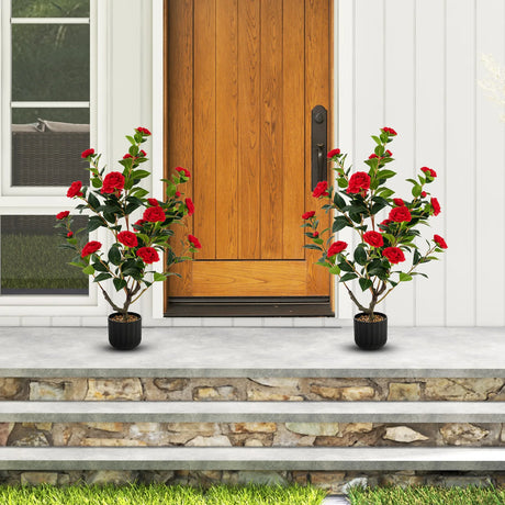 38 Inch Artificial Camellia Tree Faux Flower Plant in Cement Pot 2 Pack-Red