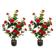 38 Inch Artificial Camellia Tree Faux Flower Plant in Cement Pot 2 Pack-Red