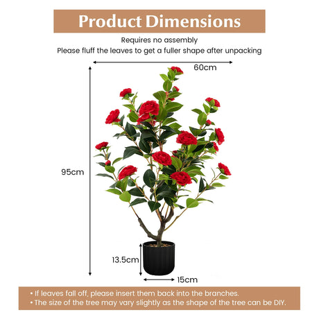 38 Inch Artificial Camellia Tree Faux Flower Plant in Cement Pot 2 Pack-Red