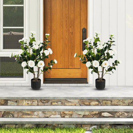 38 Inch Artificial Camellia Tree Faux Flower Plant in Cement Pot 2 Pack-White
