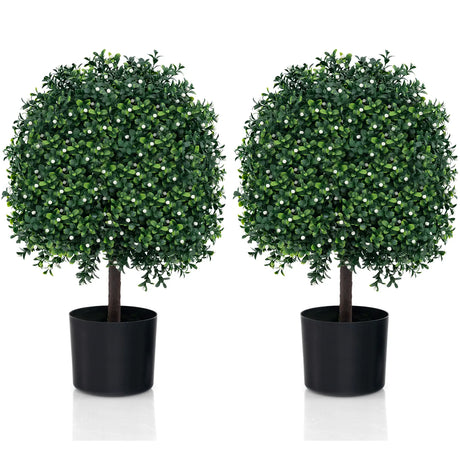 2 Piece Artificial Boxwood Topiary Ball Tree with UV Rated Leaves and 343 White Fruits