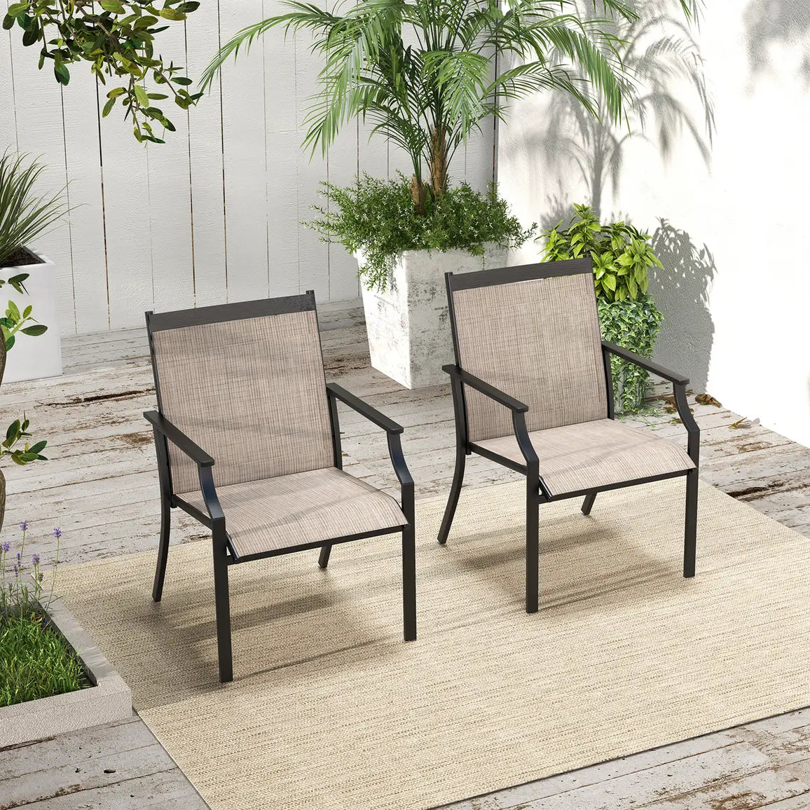 2 Piece Patio Dining Chairs with Breathable Seat and Metal Frame-Coffee