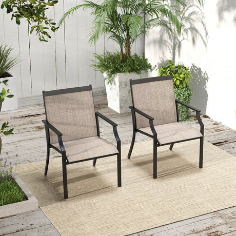 2 Piece Patio Dining Chairs with Breathable Seat and Metal Frame-Coffee